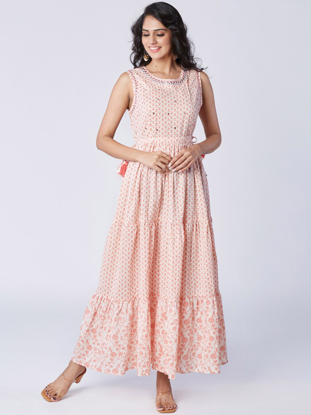 

taruni Floral Printed Pure Cotton A-Line Maxi Dress, Peach