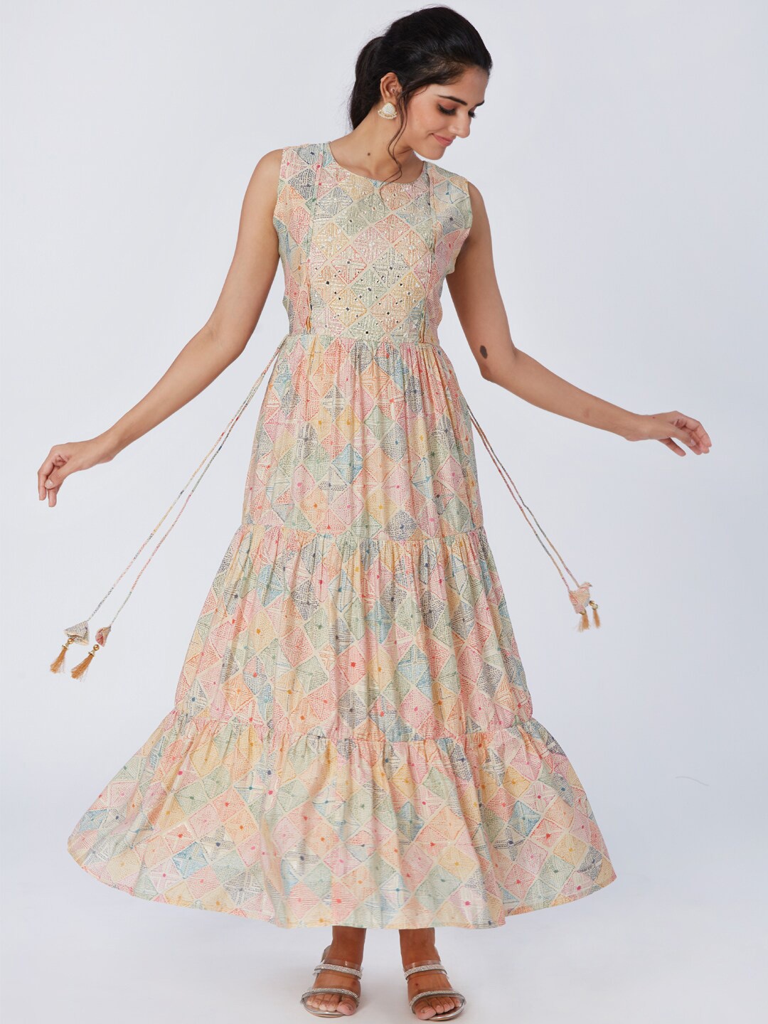 

taruni Geometric Printed Mirror Work Anarkali Kurta, Beige