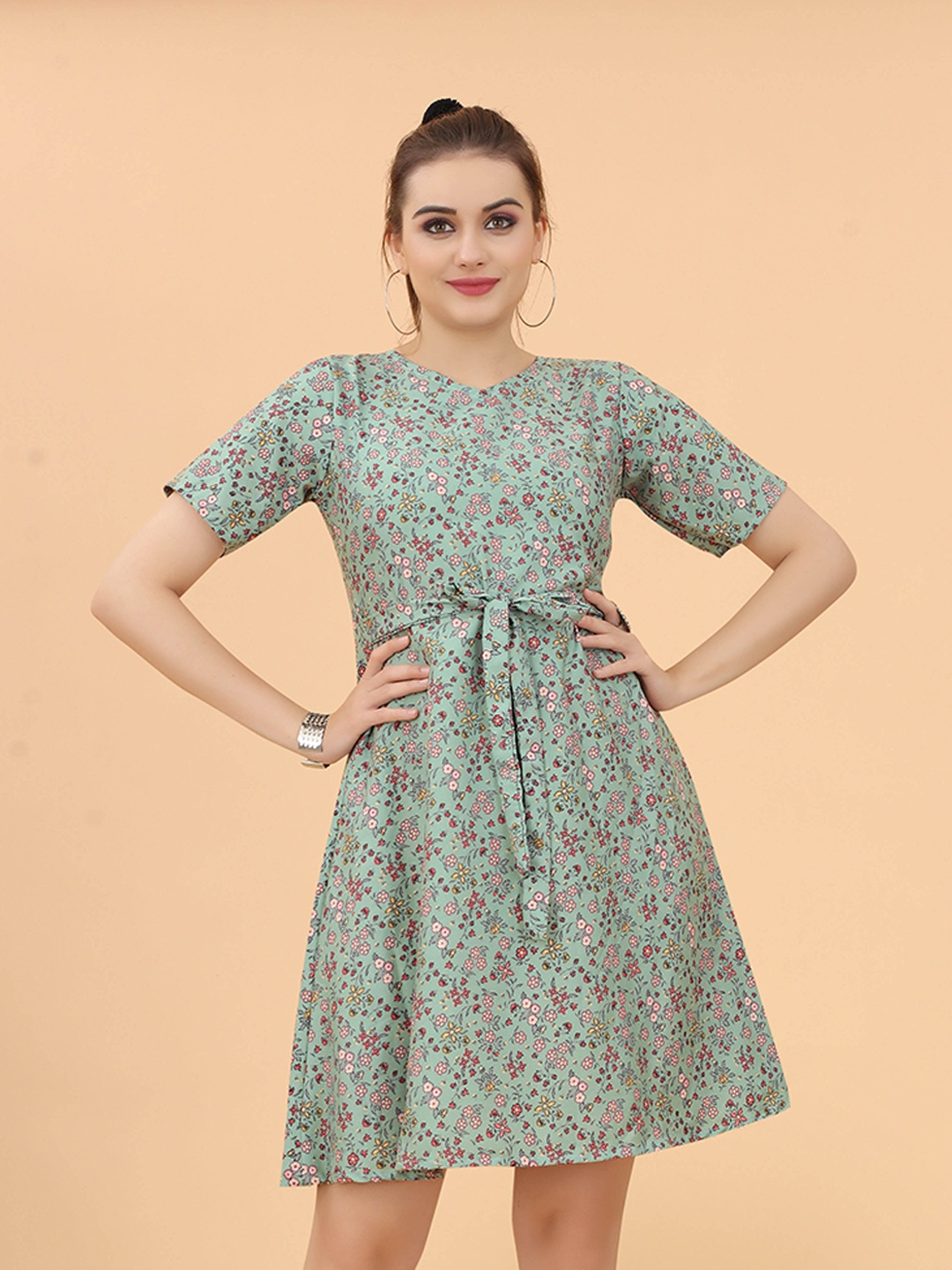 

KETAKI FASHION Floral Printed Belted A-Line Dress, Green