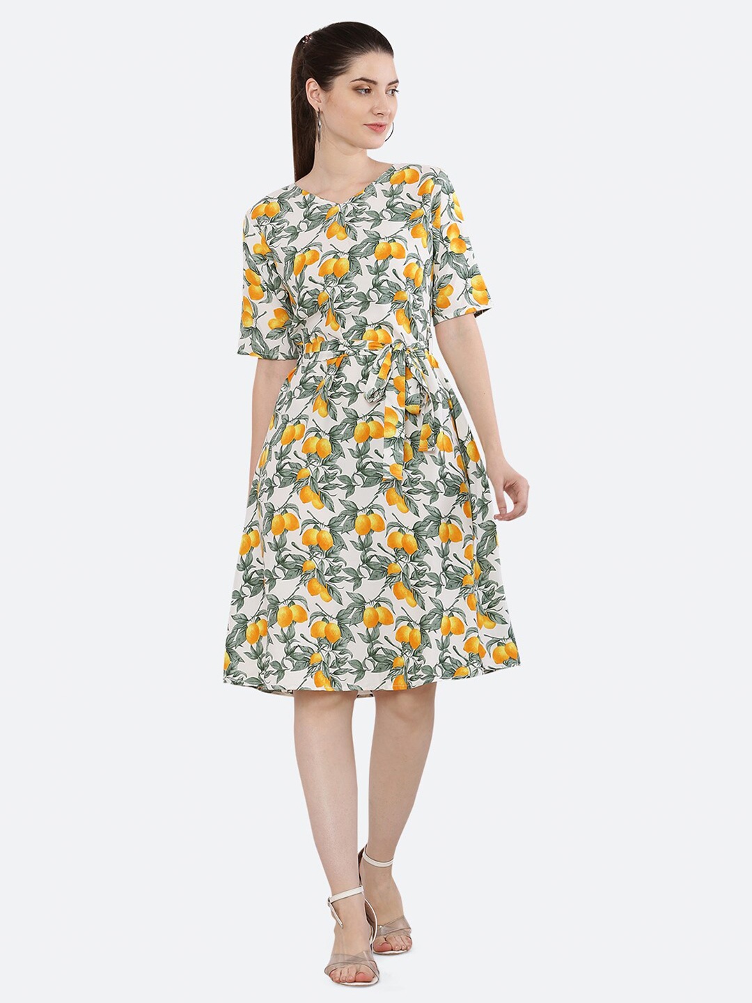 

KETAKI FASHION Conversational Printed Belted A-Line Dress, White