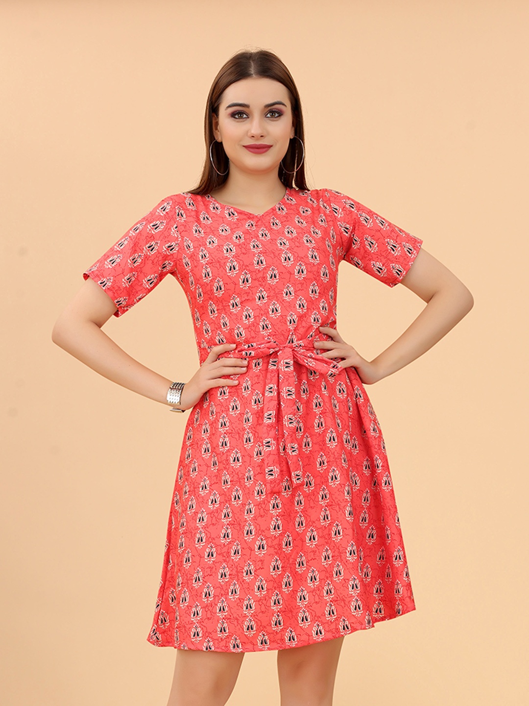

KETAKI FASHION Ethnic Motifs Printed Belted A-Line Dress, Coral