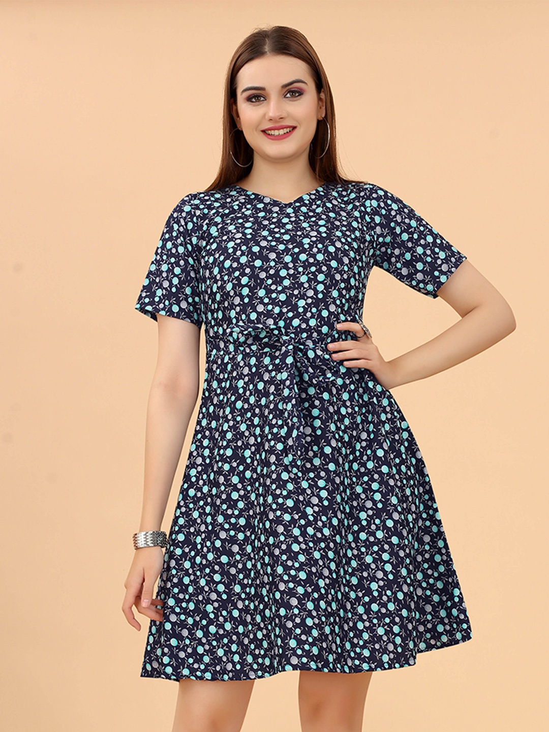 

KETAKI FASHION Floral Printed Round Neck Fit & Flare Dress, Navy blue