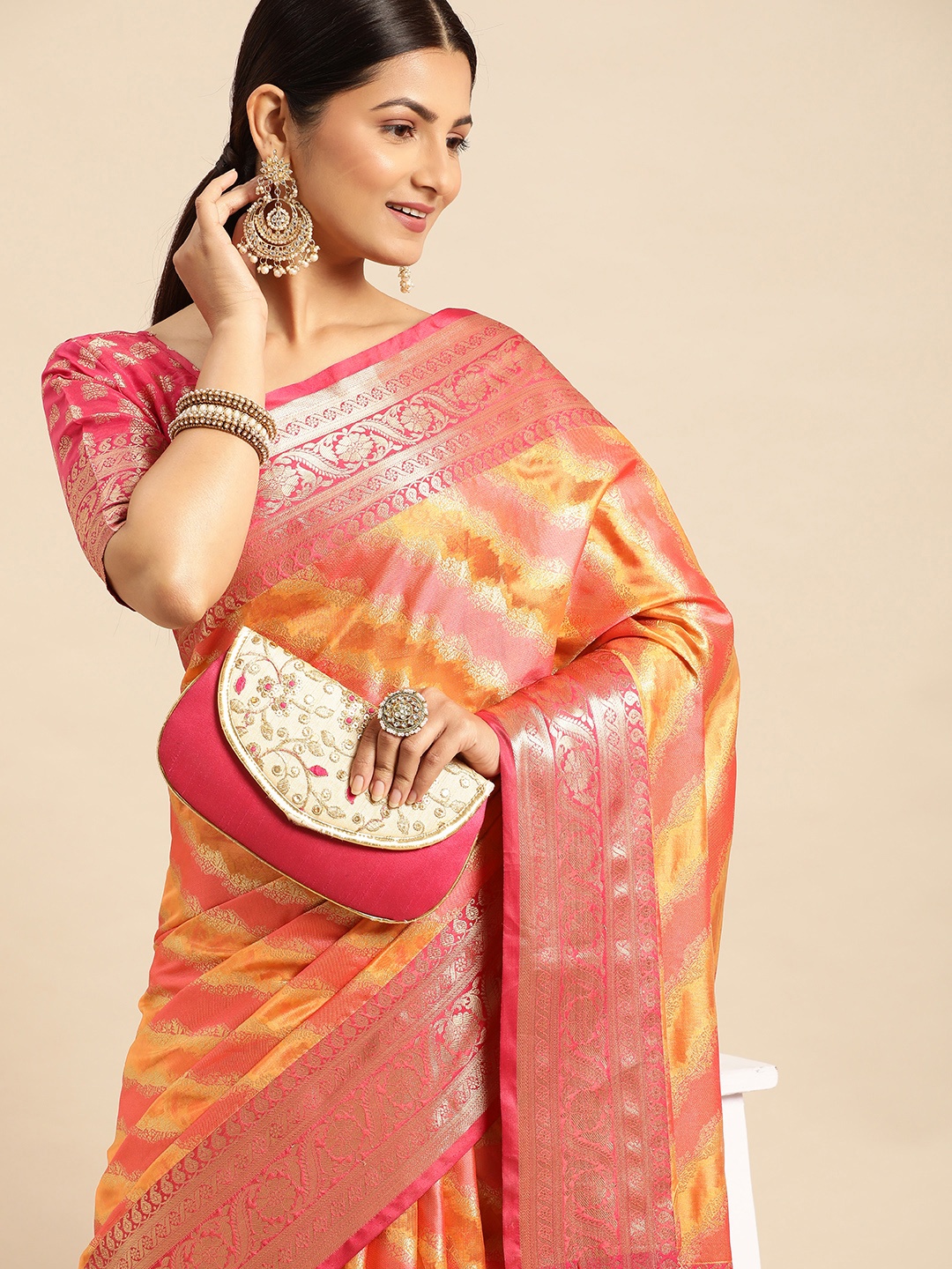 

SHANGRILA Kadhiyal Woven Art Rangkat Silk Saree, Orange