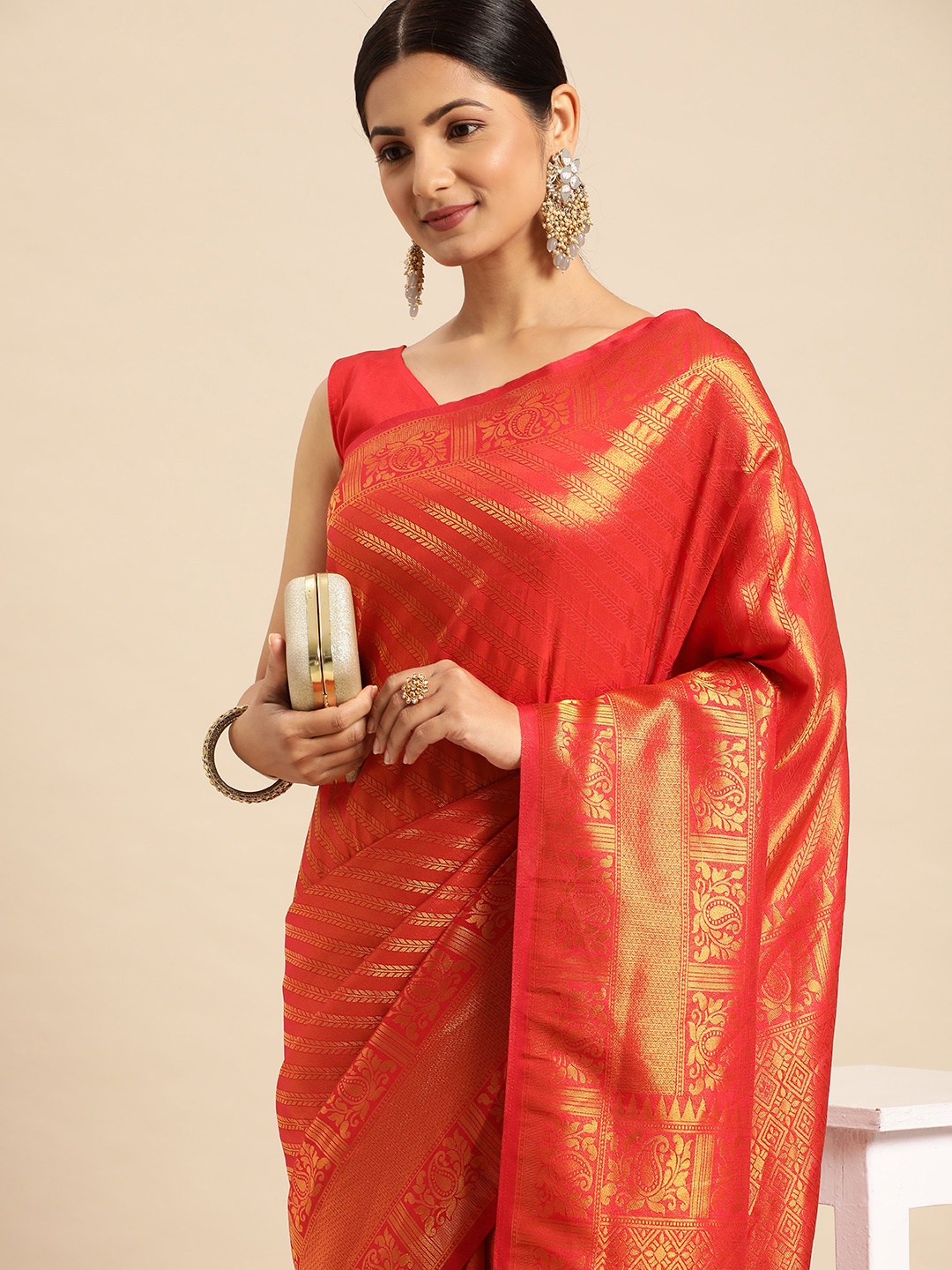 

SHANGRILA Ethnic Motifs Pure Silk Kanjeevaram Saree, Red