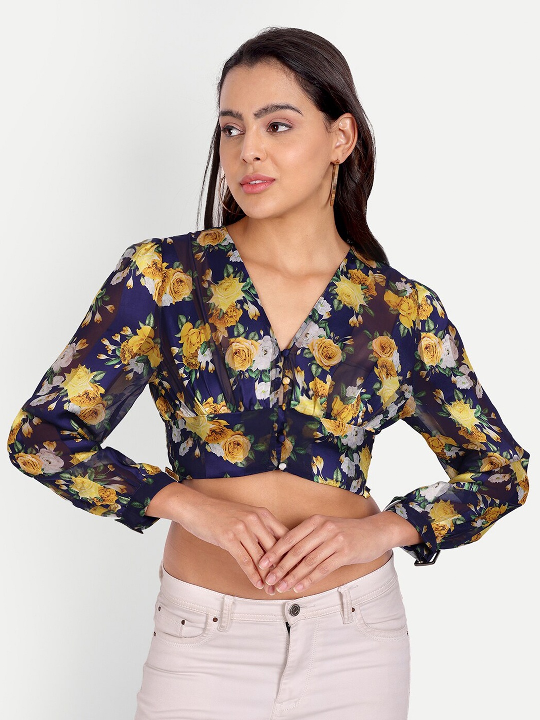 

DOLSU Floral Printed Blouson Crop Top, White