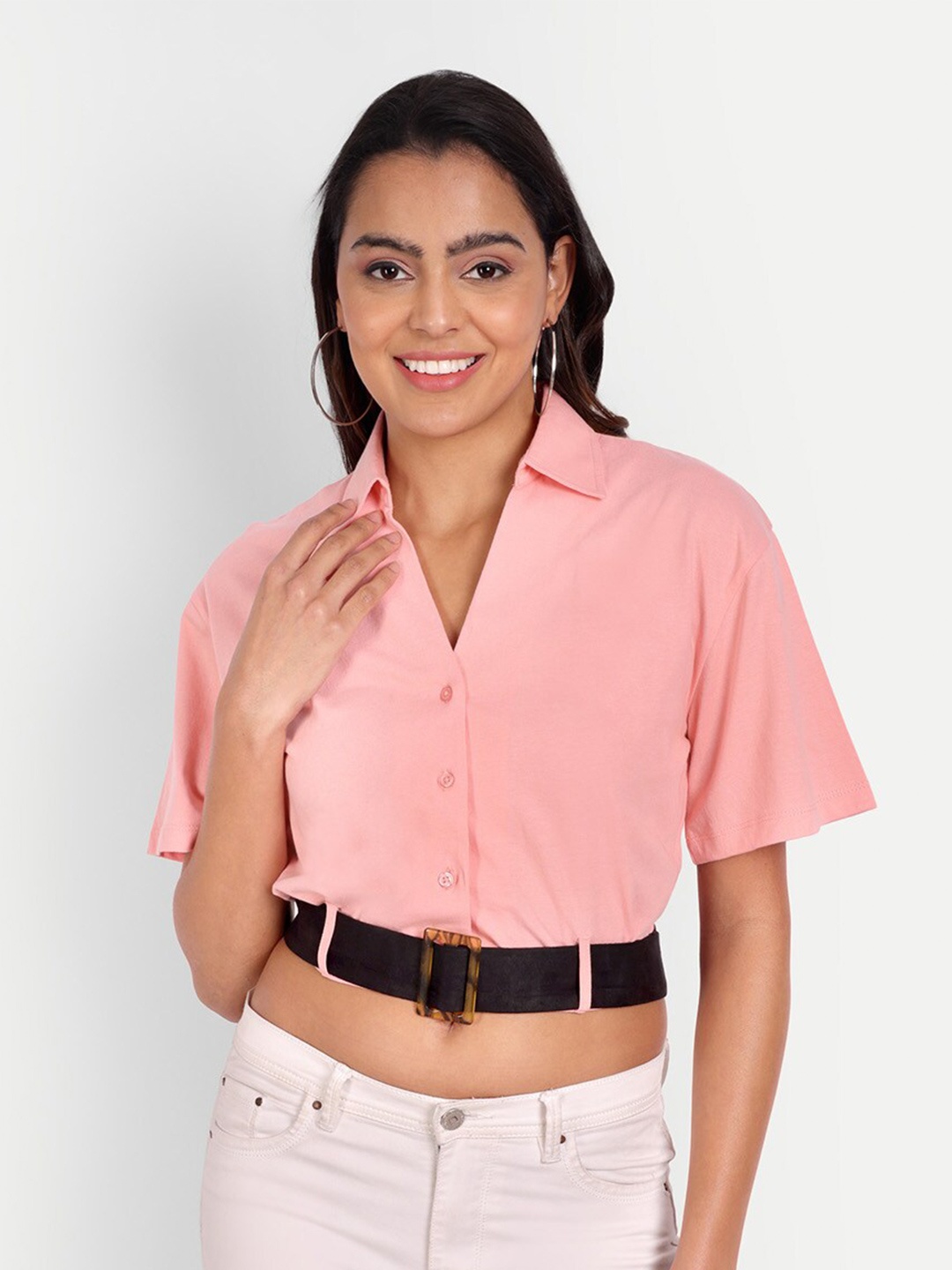 

DOLSU Shirt Style Crop Cotton Top, Peach