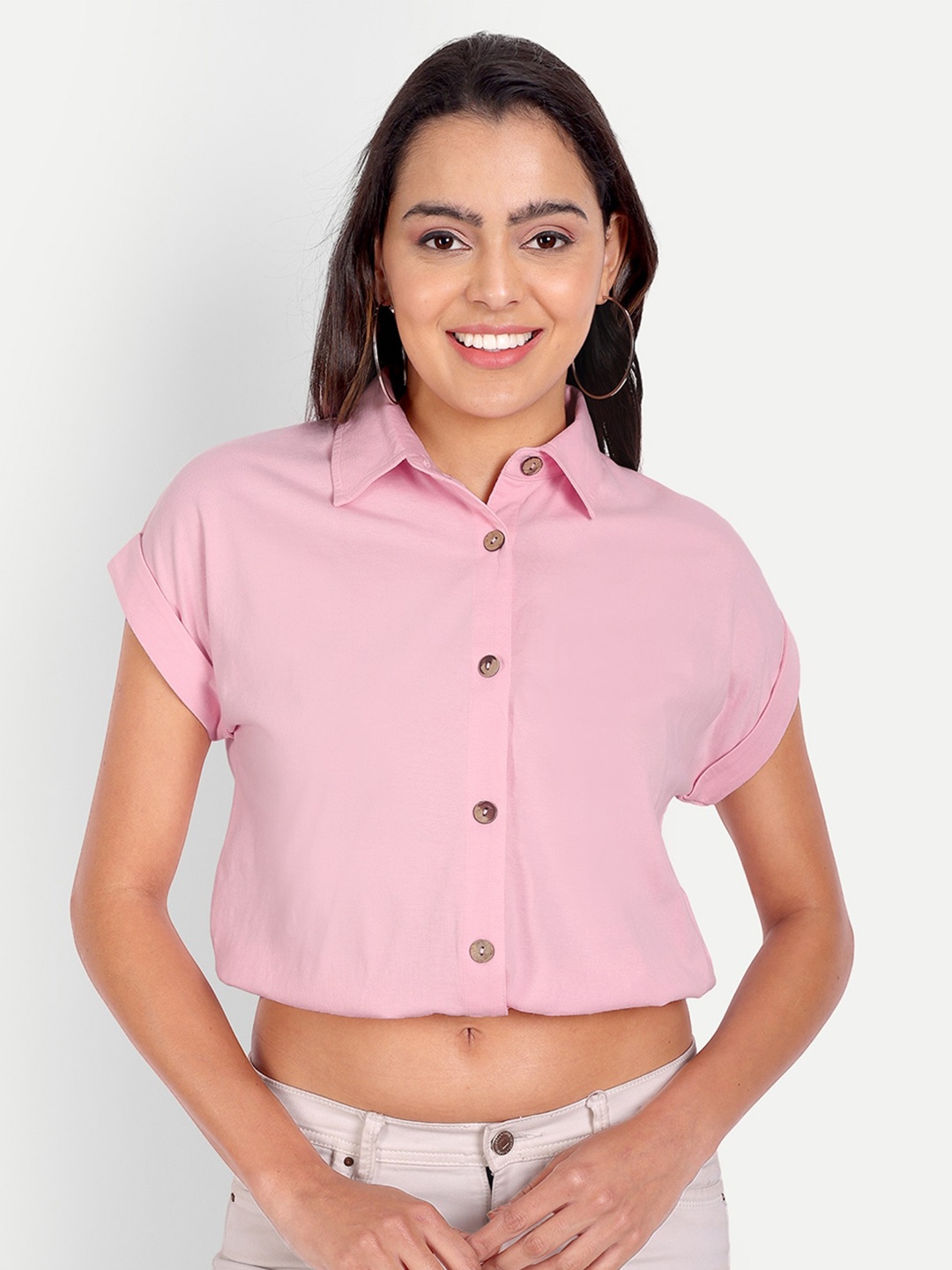 

DOLSU Shirt Style Cotton Crop Top, Pink