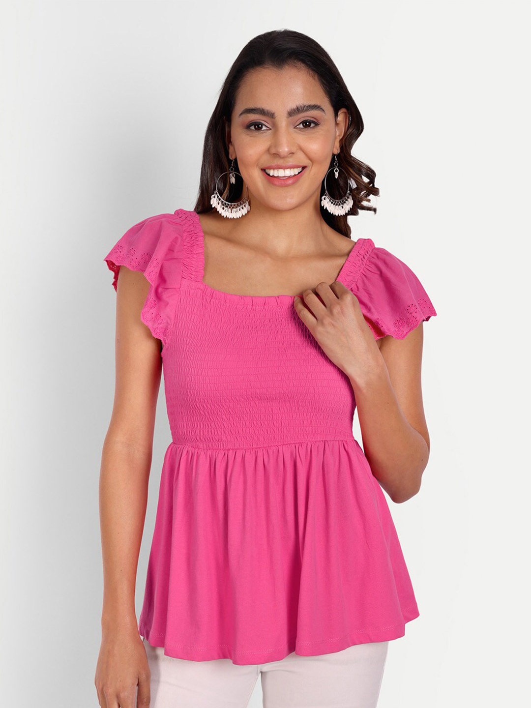 

DOLSU Flared Sleeves Peplum Cotton Top, Pink