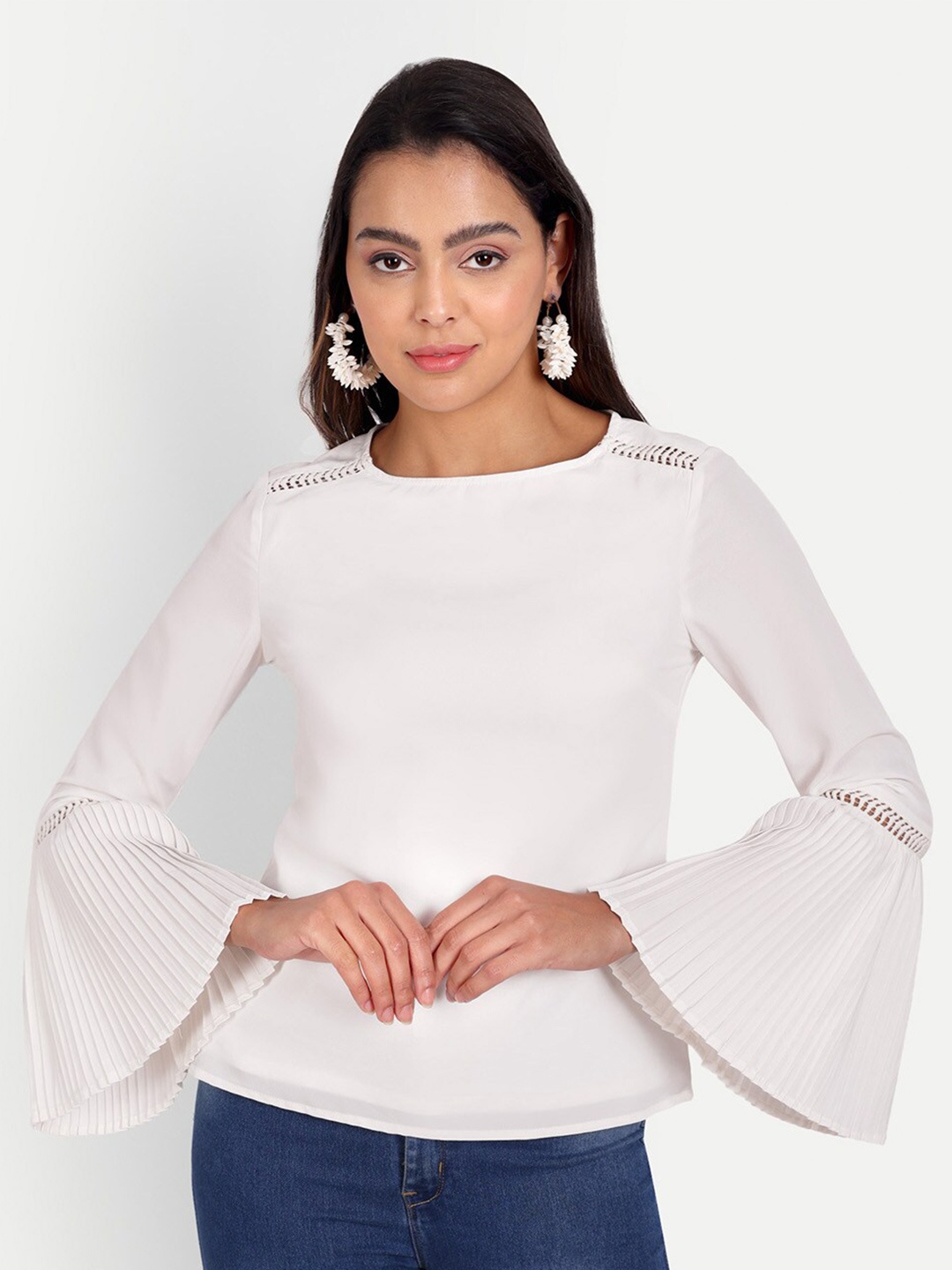 

DOLSU Round Neck Bell Sleeves Cotton Top, White