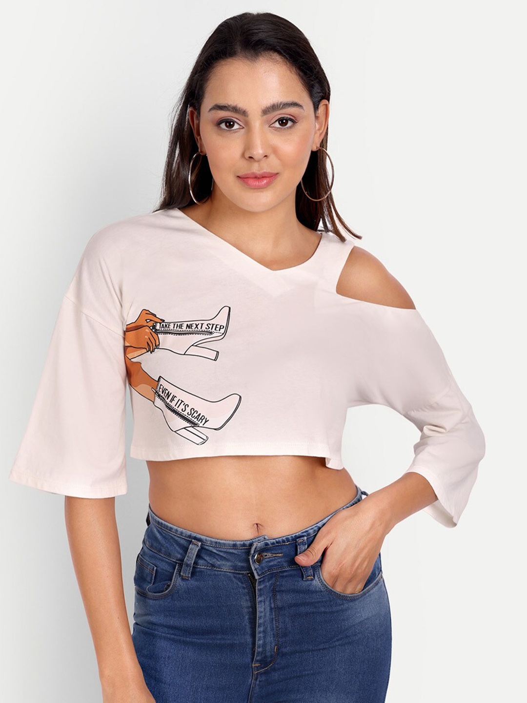 

DOLSU Printed V-Neck Crop Cotton Top, Pink