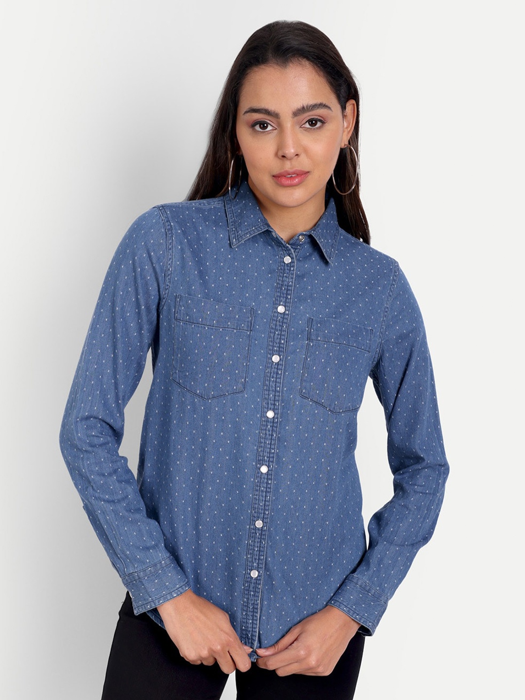 

DOLSU Polka Dots Print Shirt Style Cotton Top, Blue