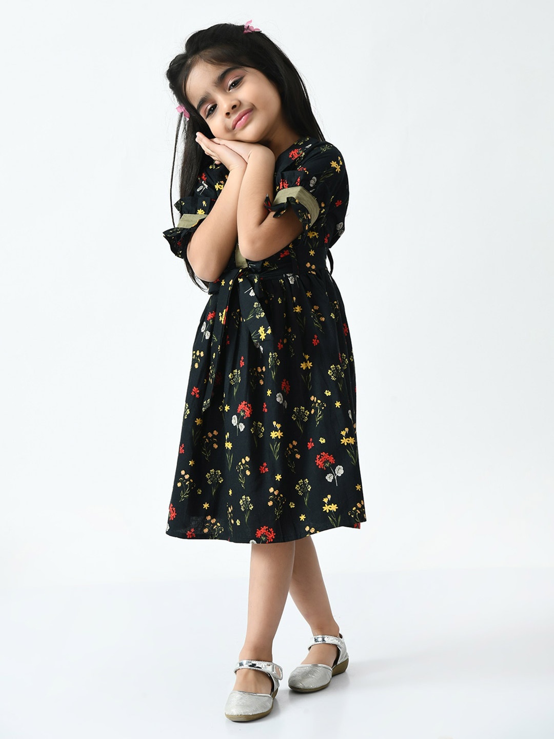 

Bella Moda Kids Girls Pure Cotton Floral Printed Fit And Flair Dress, Black