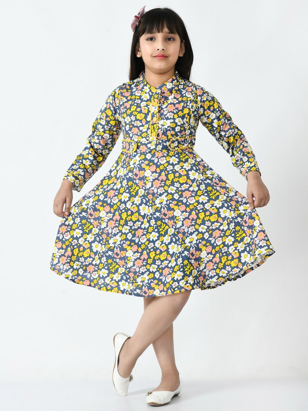 

Bella Moda Kids Girls Pure Cotton Fit And Flair Floral Printed Dress, Yellow