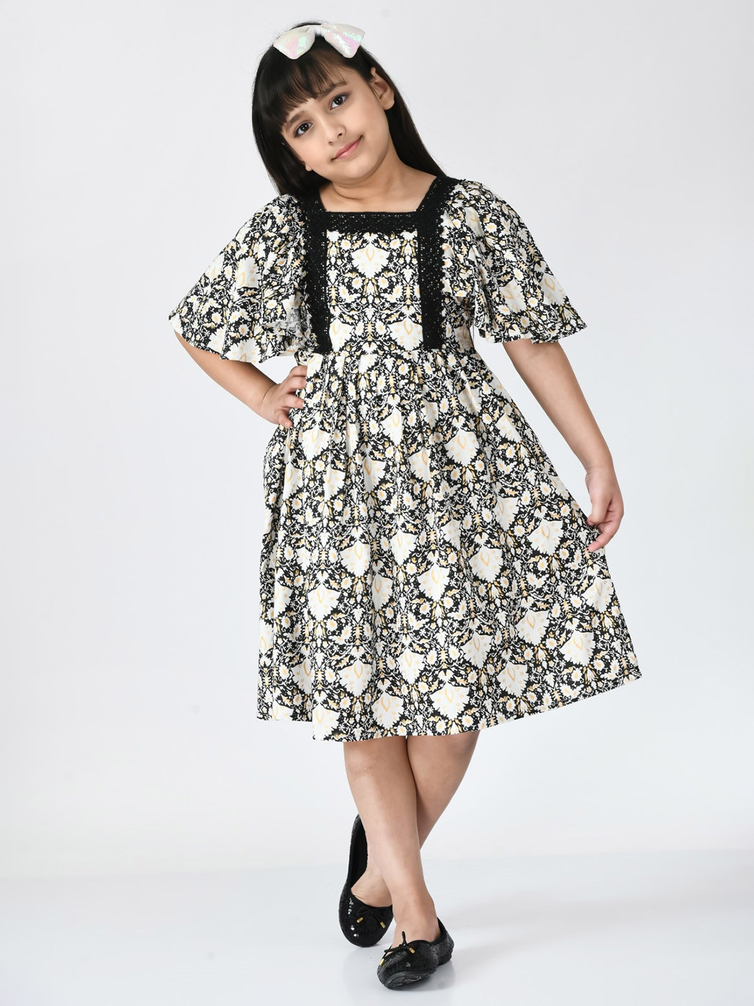 

Bella Moda Kids Girls Pure Cotton Floral Printed Fit & Flare Midi Dress, Black