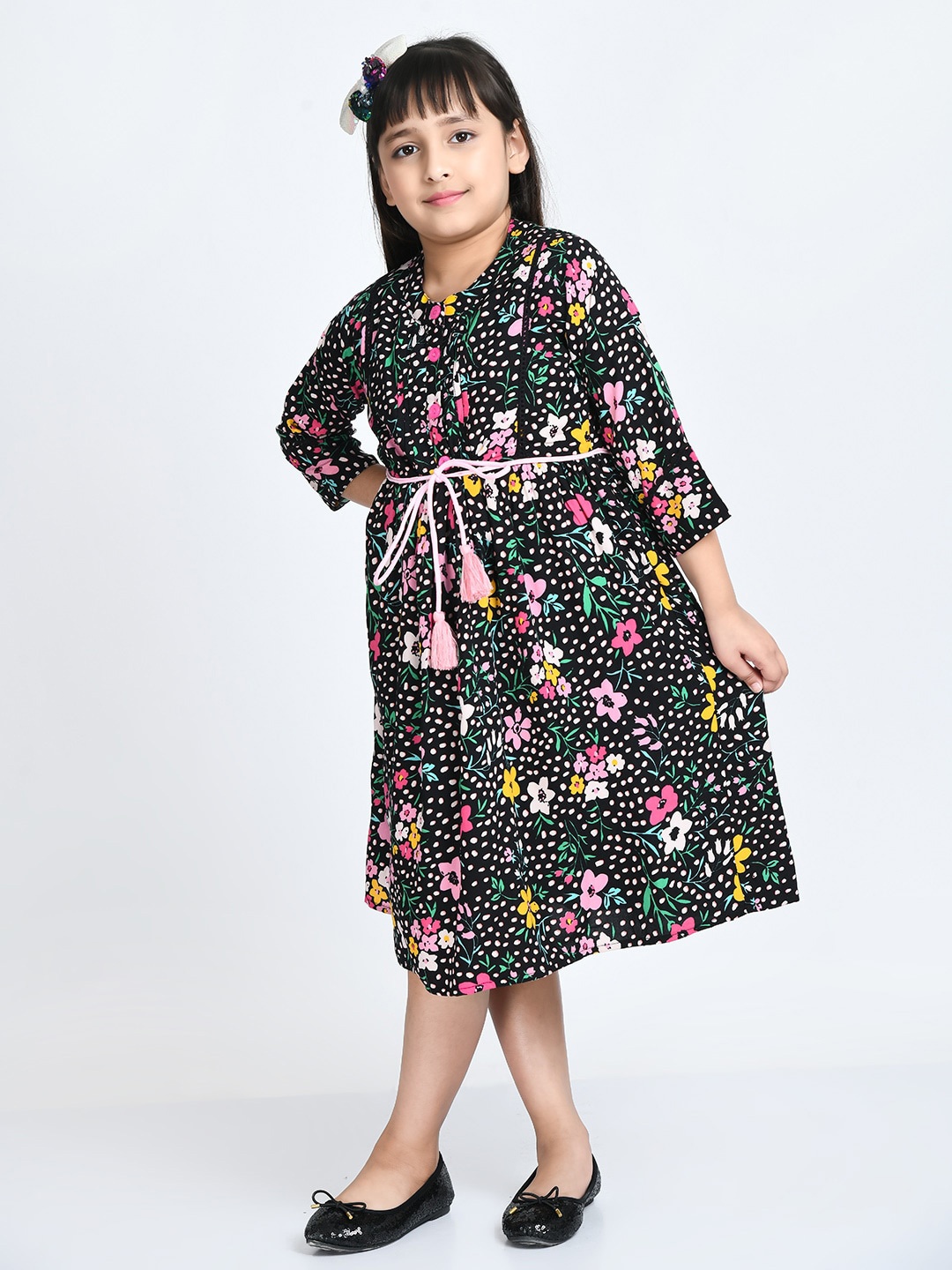 

Bella Moda Floral Printed Cotton A-Line Midi Dress, Black