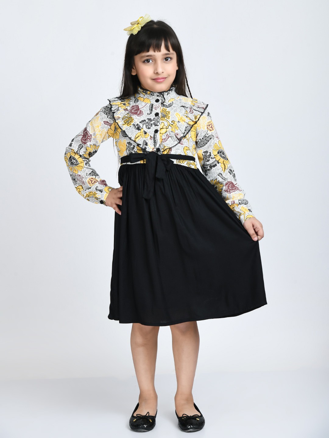 

Bella Moda Floral Mandarin Collar Fit & Flare Cotton Dress, Black