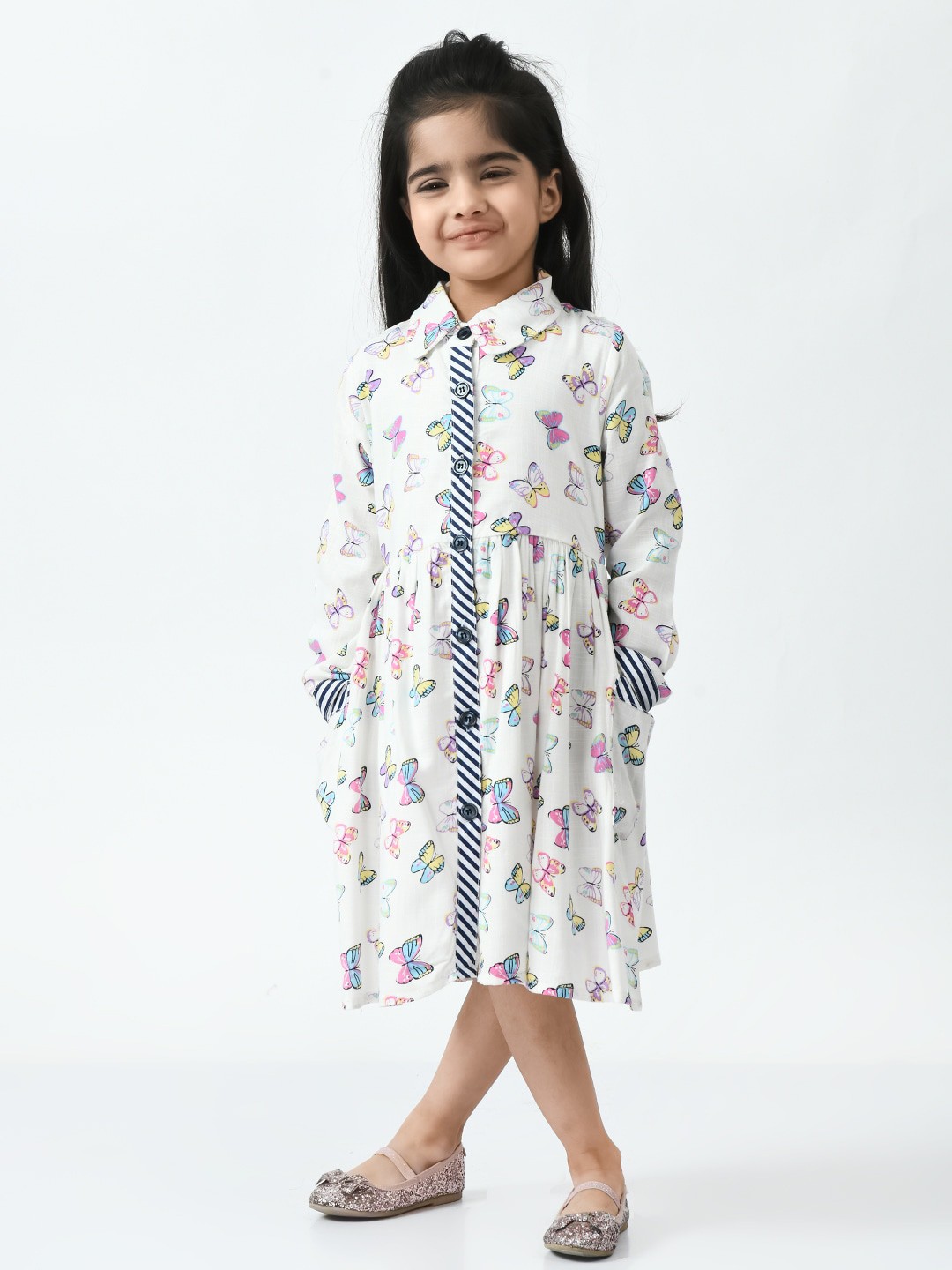 

Bella Moda Floral Printed Shirt Collar Fit & Flare Cotton Dress, White