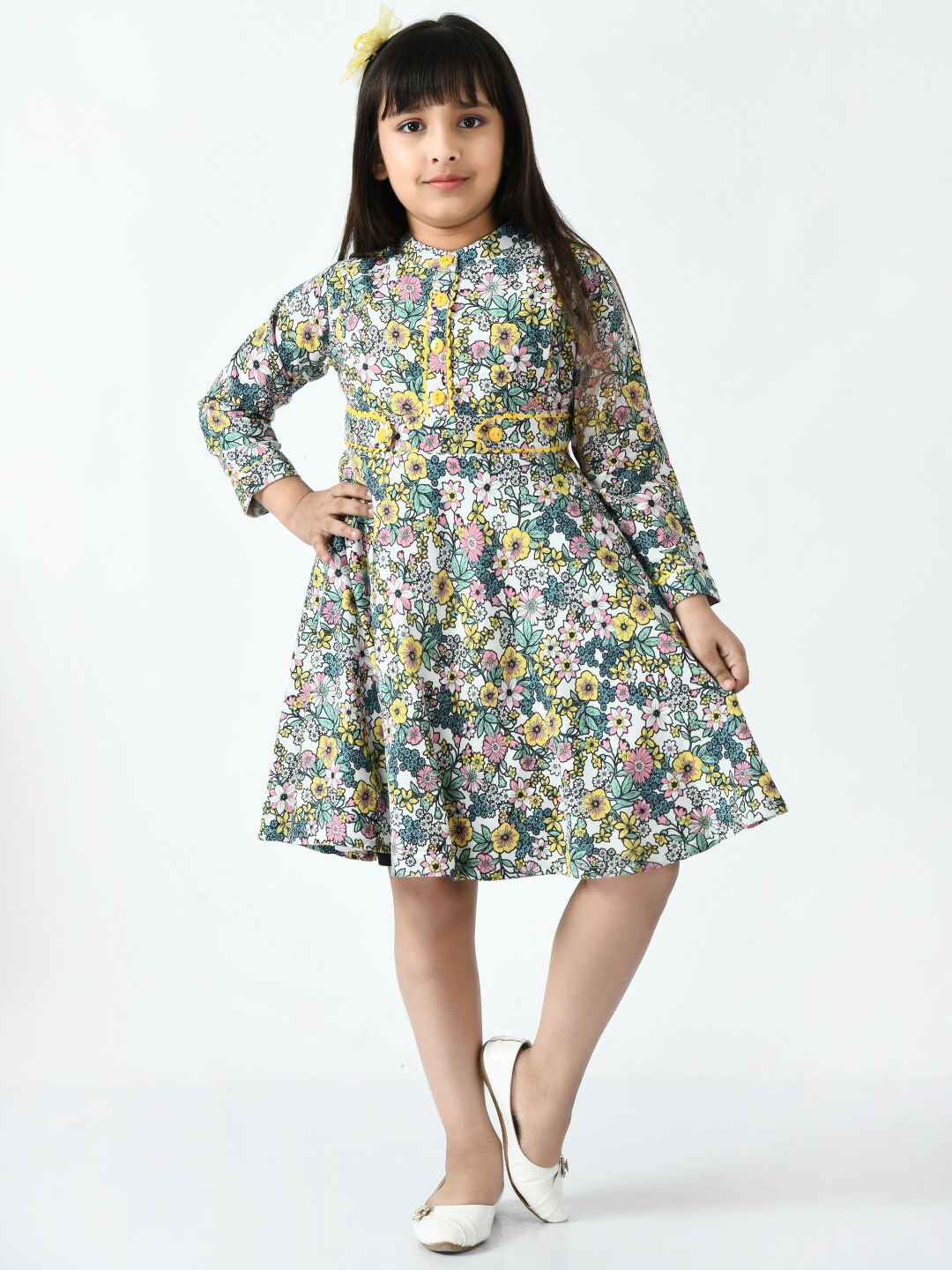 

Bella Moda Printed Mandarin Collar Fit & Flare Cotton Dress, White