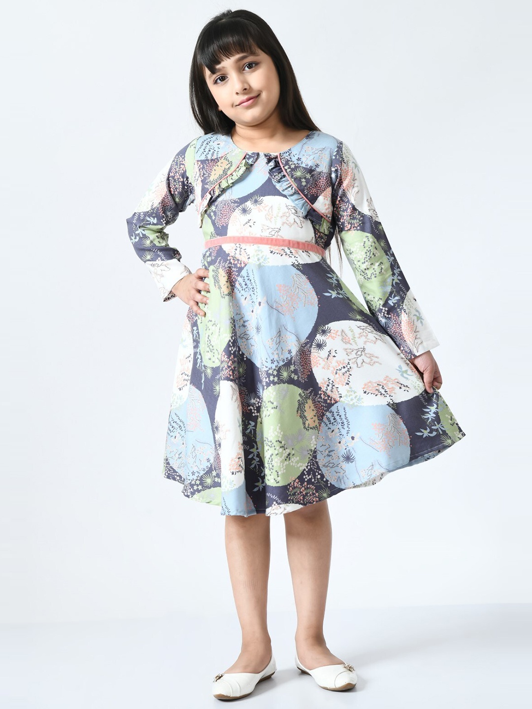 

Bella Moda Girls Floral Printed Round Neck Fit & Flare Cotton Dress, Blue