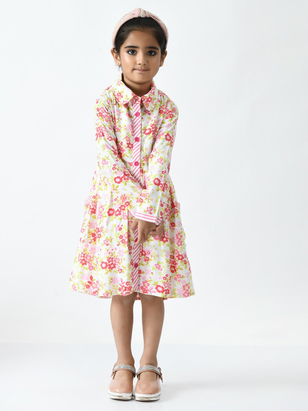 

Bella Moda Floral Printed Cuff Sleeves Pure Cotton Flared Shirt Dress, White