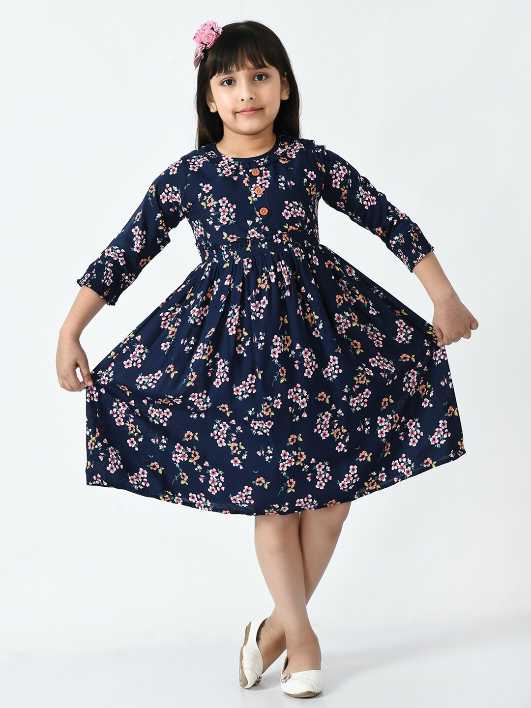 

Bella Moda Floral Printed Pure Cotton Empire Midi Dress, Navy blue