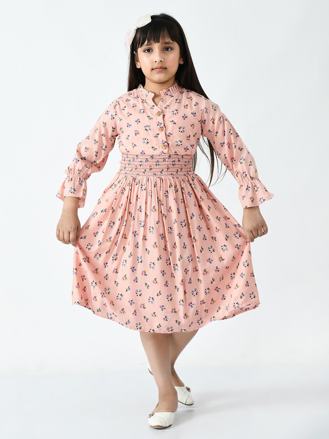 

Bella Moda Floral Printed Pure Cotton Midi Fit & Flare Dress, Peach