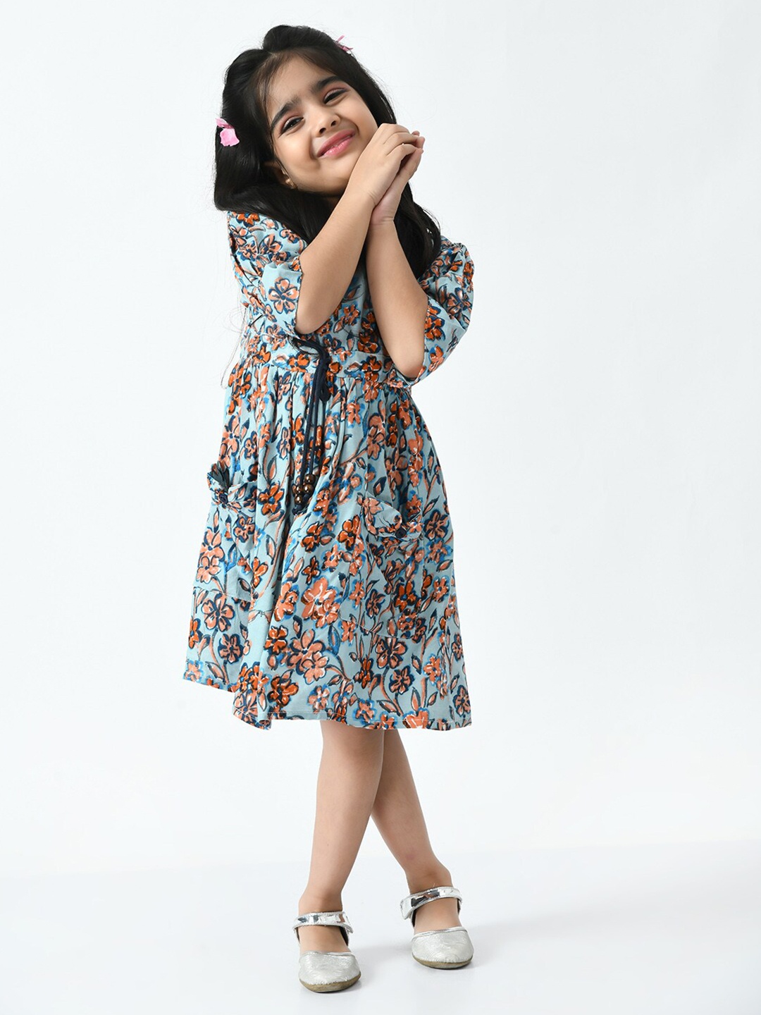 

Bella Moda Girls Floral Printed Pure Cotton Fit & Flare Dress, Blue