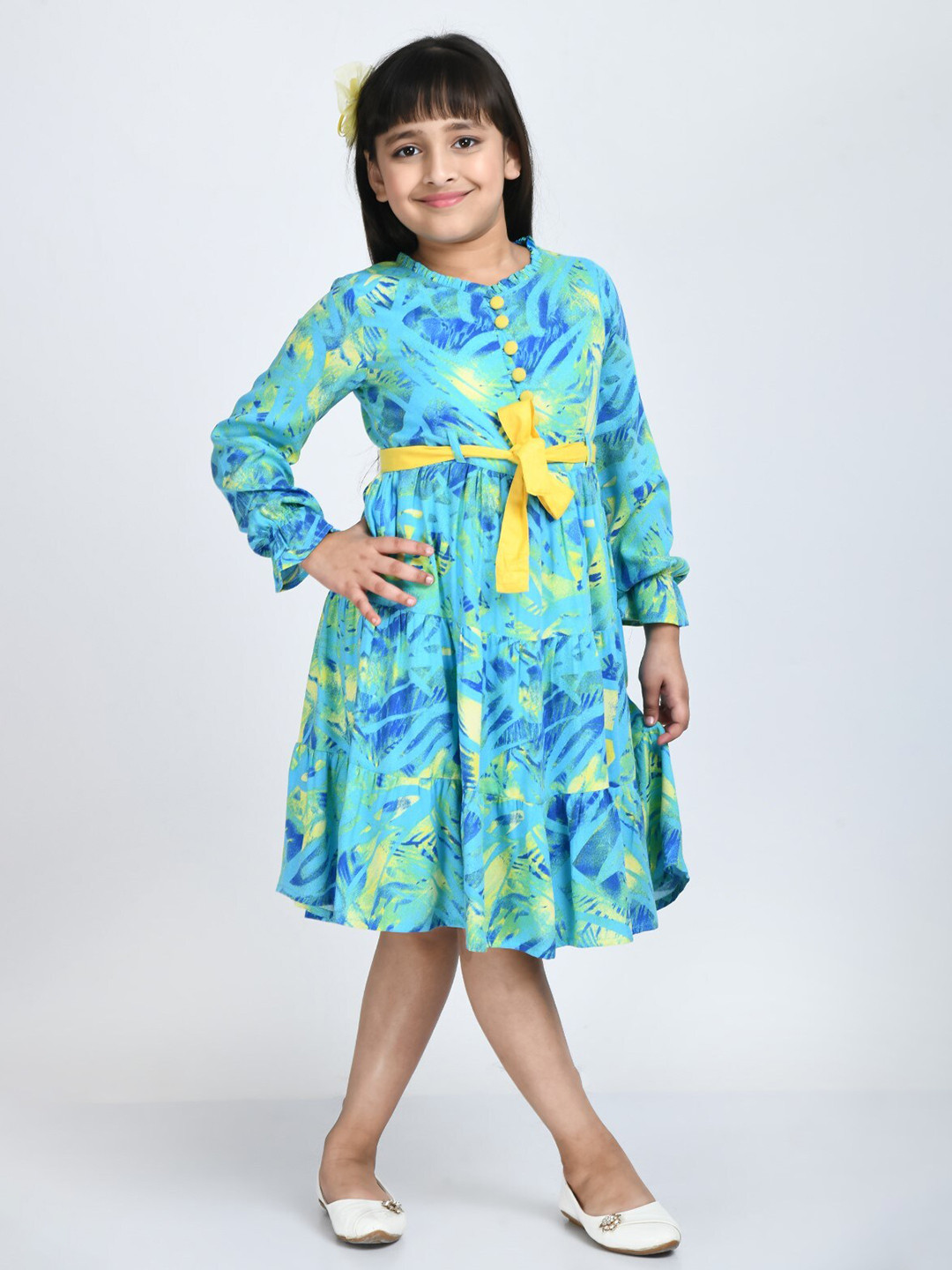 

Bella Moda Belted Abstract Printed Pure Cotton Fit & Flare Dress, Blue