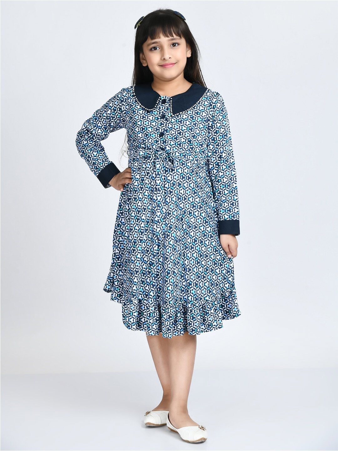 

Bella Moda Girls Peter Pan Collar A-Line Pure Cotton Dress, Navy blue