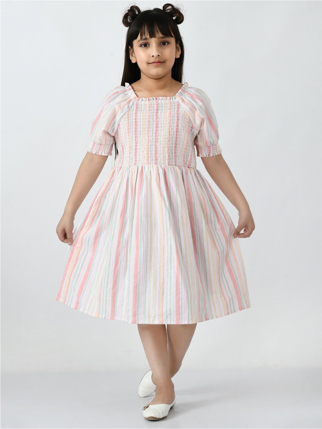 

Bella Moda Girls Striped Midi Pure Cotton Dress, Off white