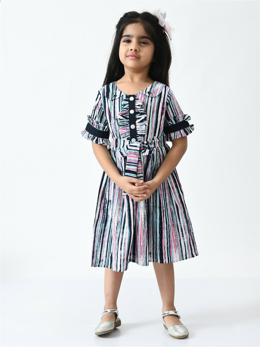 

Bella Moda Girls Striped Peter Pan Collar Midi Pure Cotton Dress, Navy blue