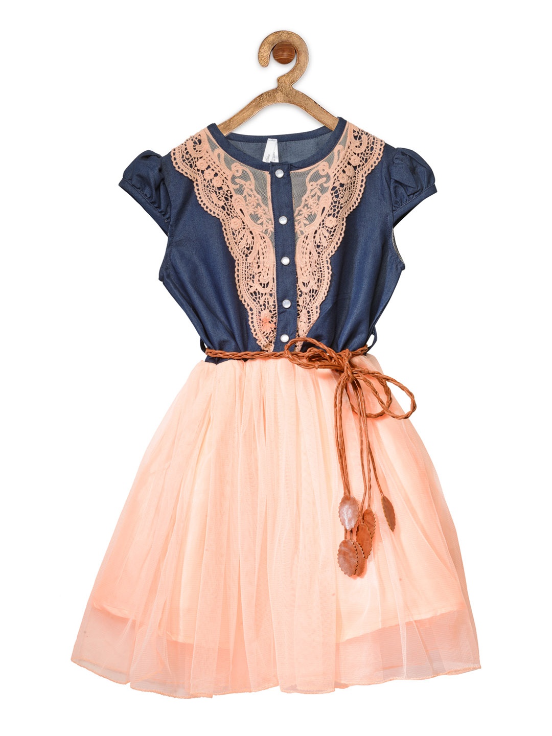 

StyleStone Girls Peach-Coloured & Blue Self Design Denim Fit and Flare Dress