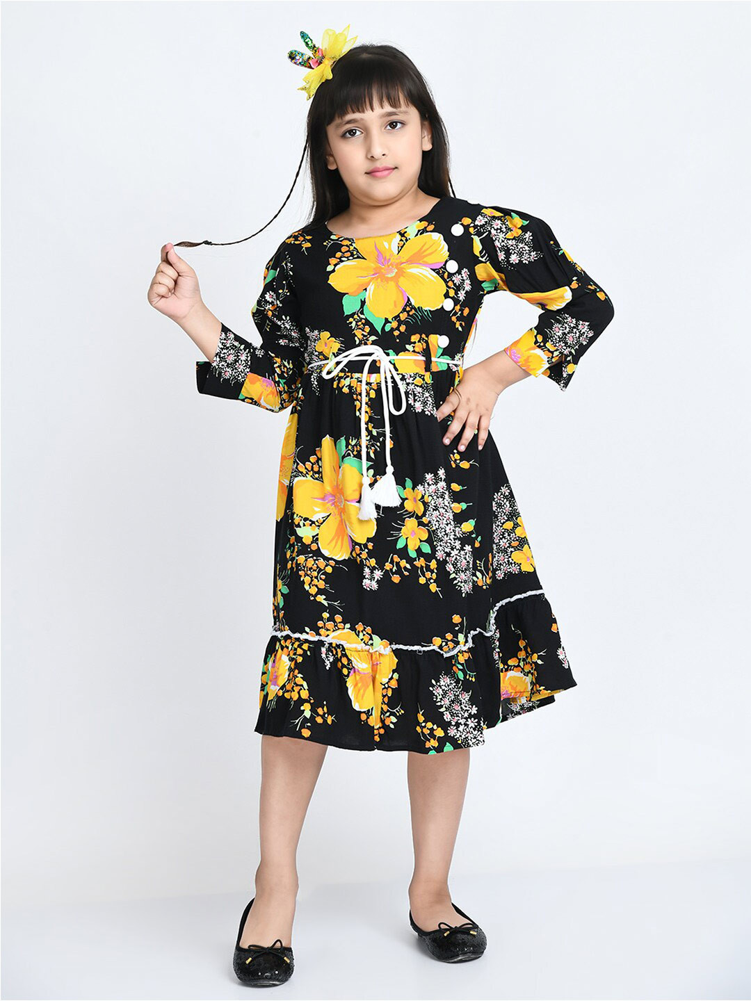 

Bella Moda Girls Floral Midi Pure Cotton Dress, Black