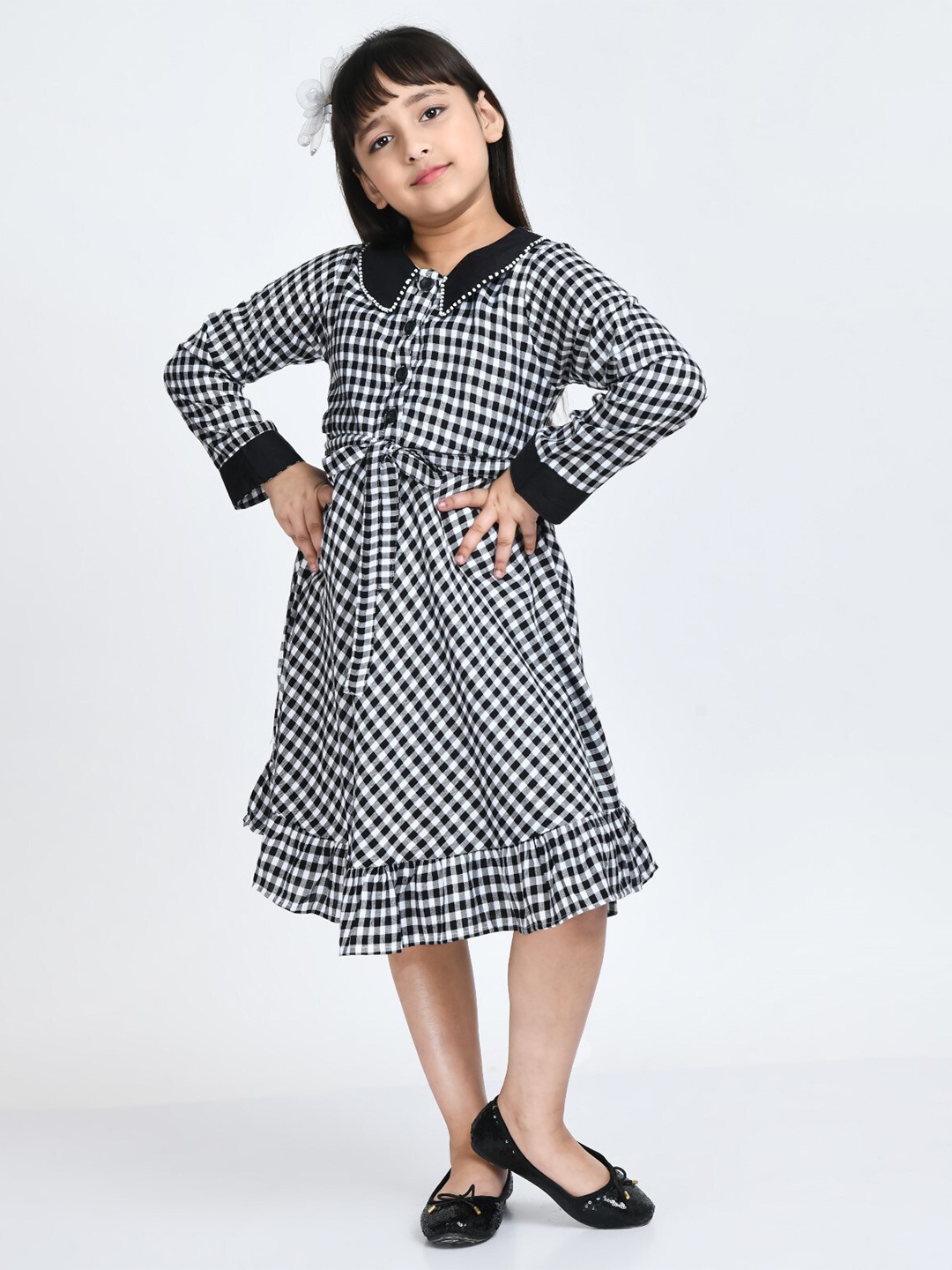 

Bella Moda Girls Checked Peter Pan Collar Cotton Dress, Black