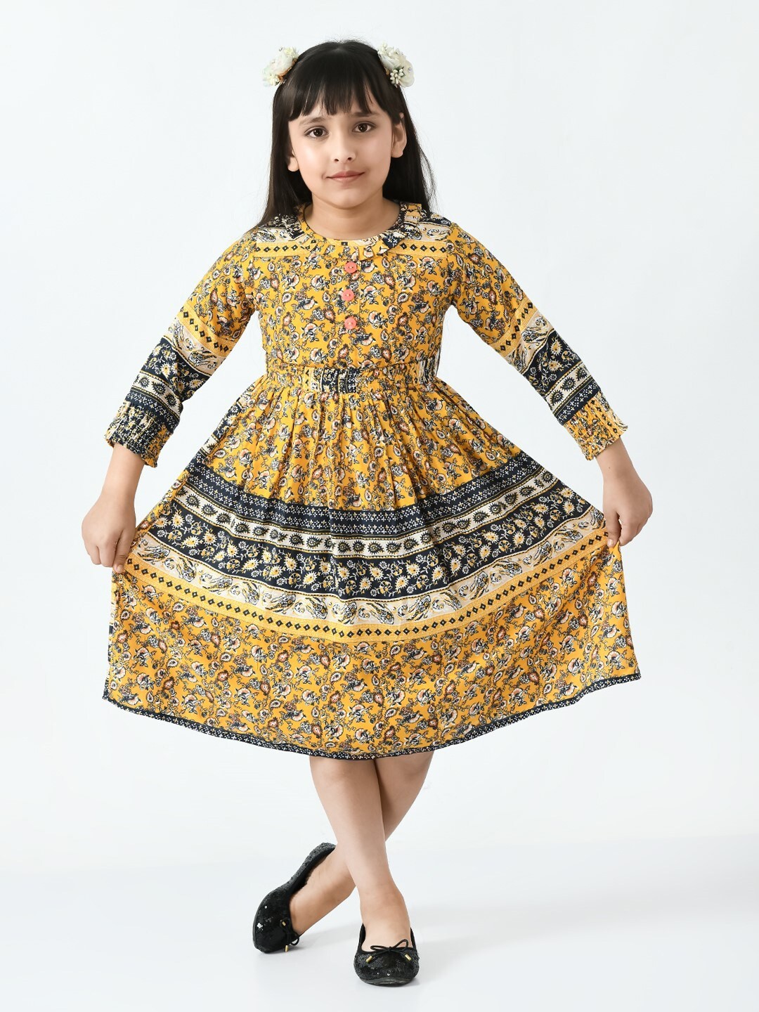 

Bella Moda Girls Ethnic Motifs A-Line Cotton Midi Dress, Mustard