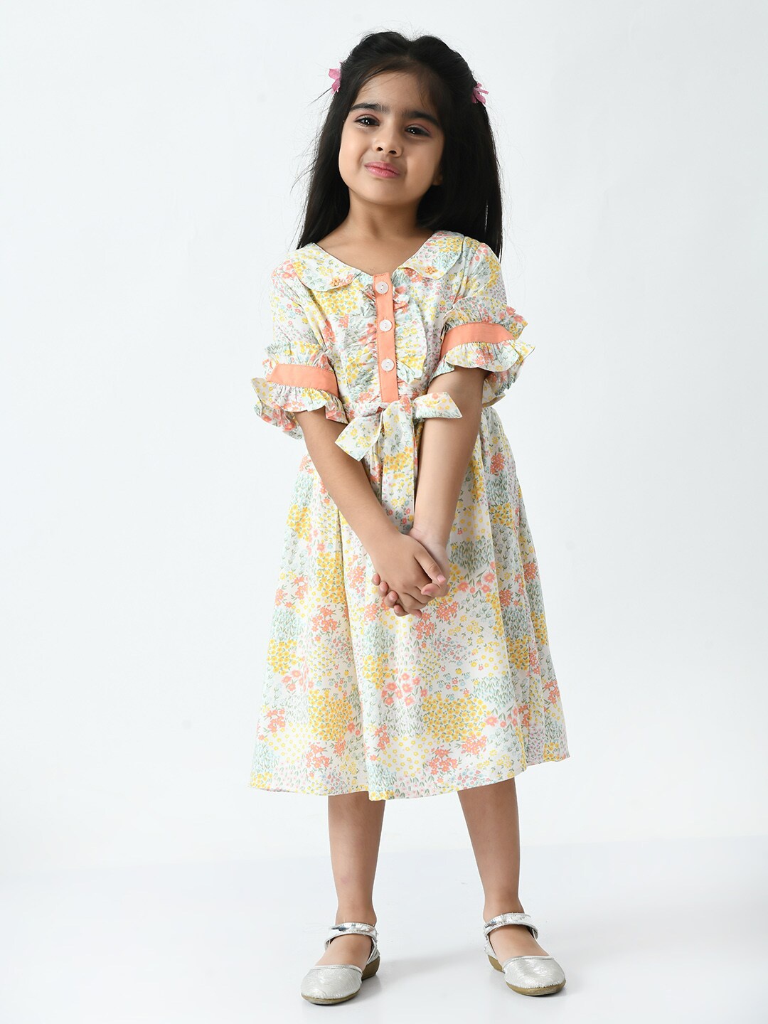 

Bella Moda Girls Floral Peter Pan Collar Shirt Cotton Midi Dress, Off white