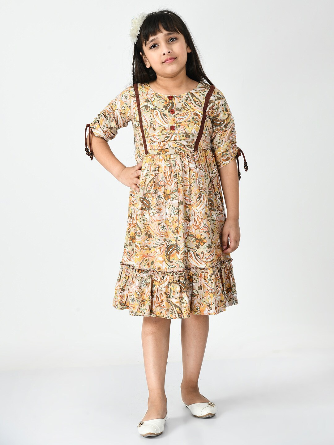 

Bella Moda Girls Ethnic Motifs Cotton Dress, Cream