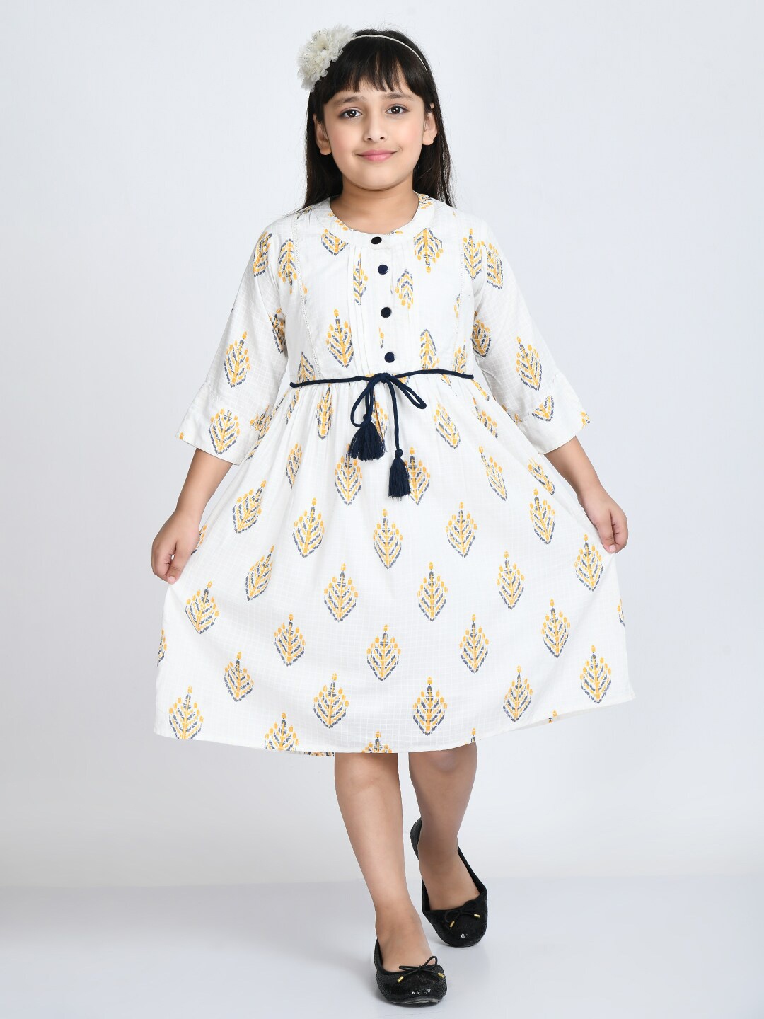 

Bella Moda Girls Ethnic Motifs Cotton Midi Dress, White
