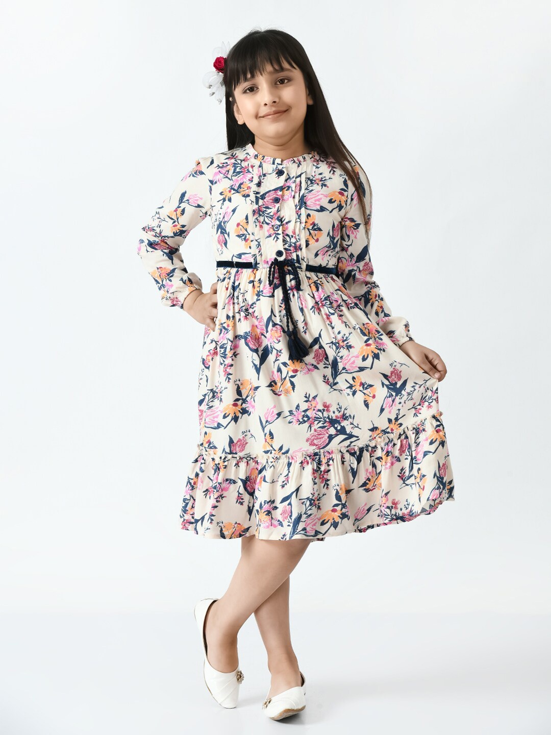 

Bella Moda Girls Floral Tie-Up Neck Midi Dress, White
