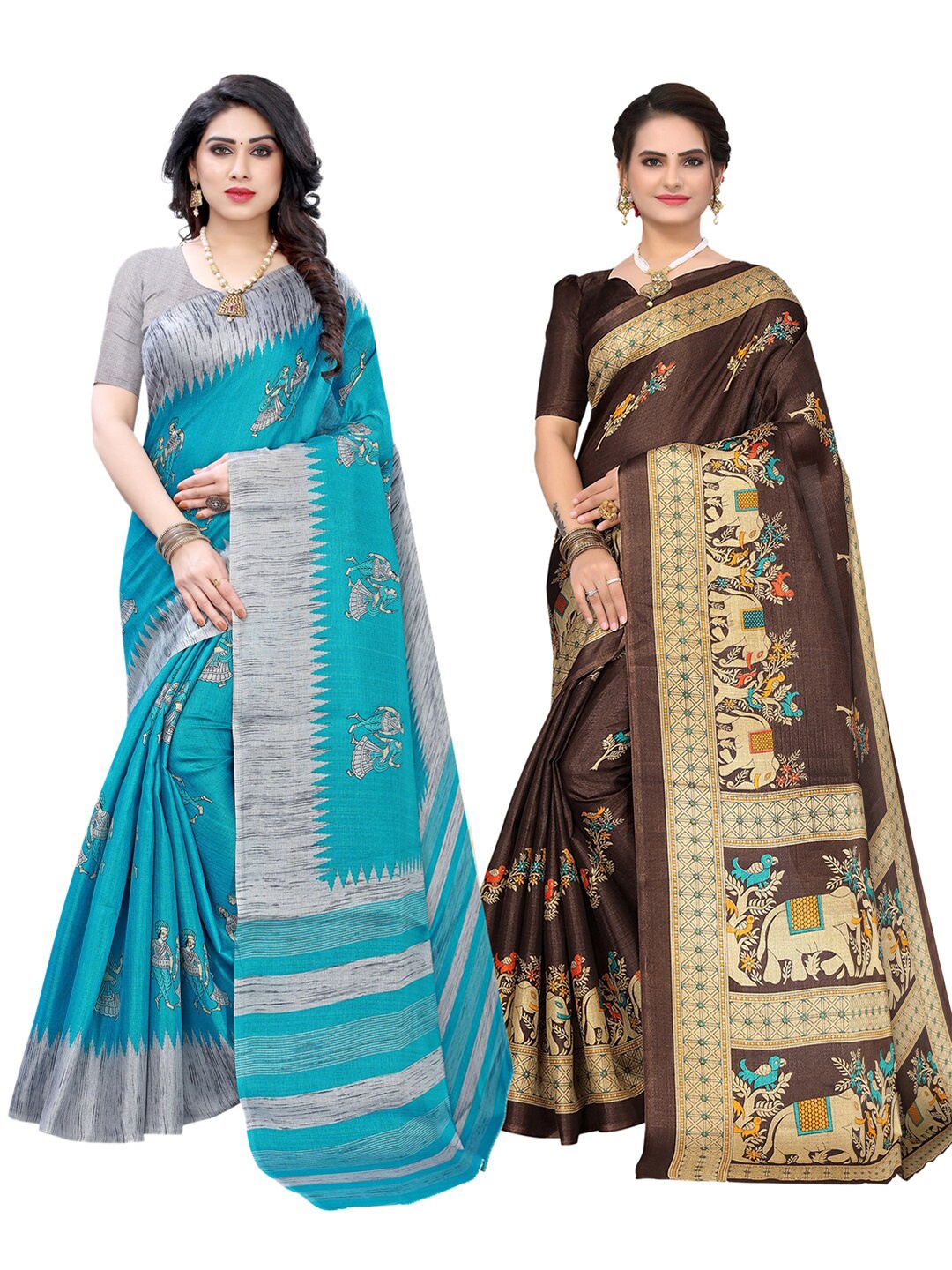 

KALINI Blue & Brown Ethnic Motifs Art Silk Khadi Saree
