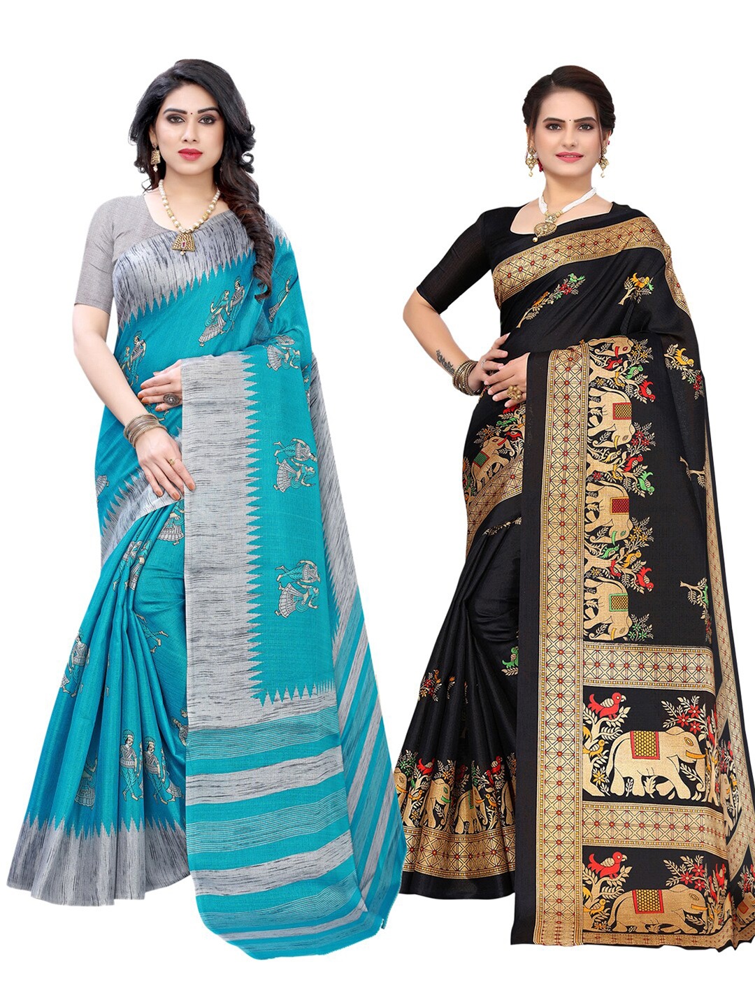

KALINI Blue & Black Ethnic Motifs Art Silk Khadi Saree