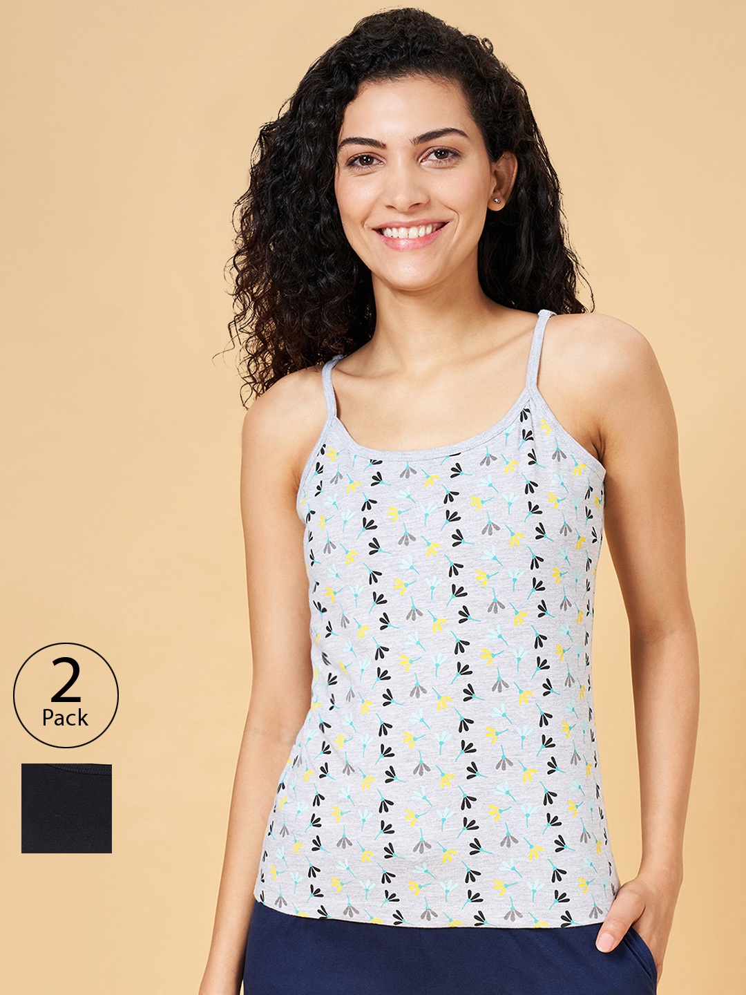 

YU by Pantaloons Women Pack Of 2 Printed Cotton Camisoles, Grey