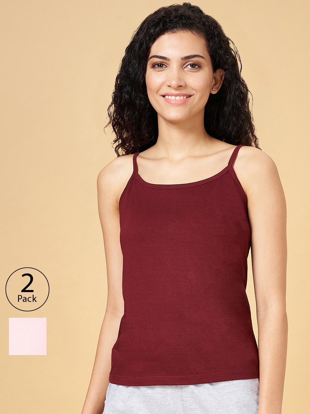 

YU by Pantaloons Women Pack Of 2 Cotton Camisoles, Maroon