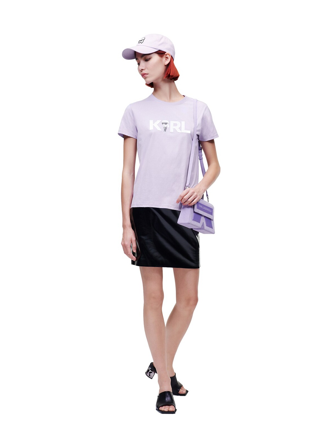 

Karl Lagerfeld Women Typography Pure Cotton T-shirt, Purple