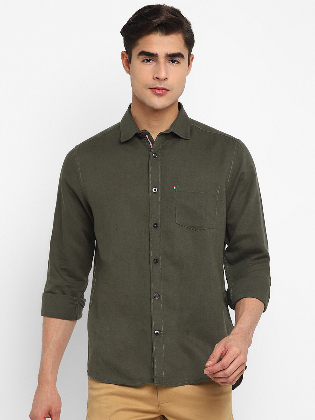 

Red Chief Men Cotton Slim Fit Casual Shirt, Olive