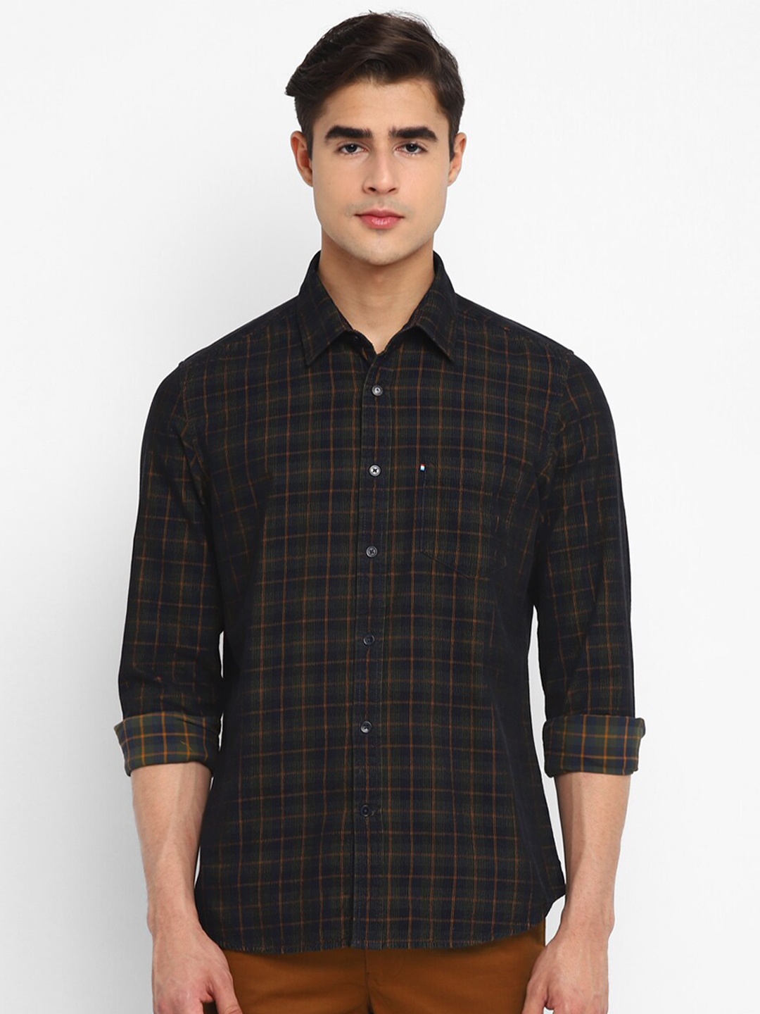 

Red Chief Men Cotton Slim Fit Tartan Checks Checked Casual Shirt, Olive