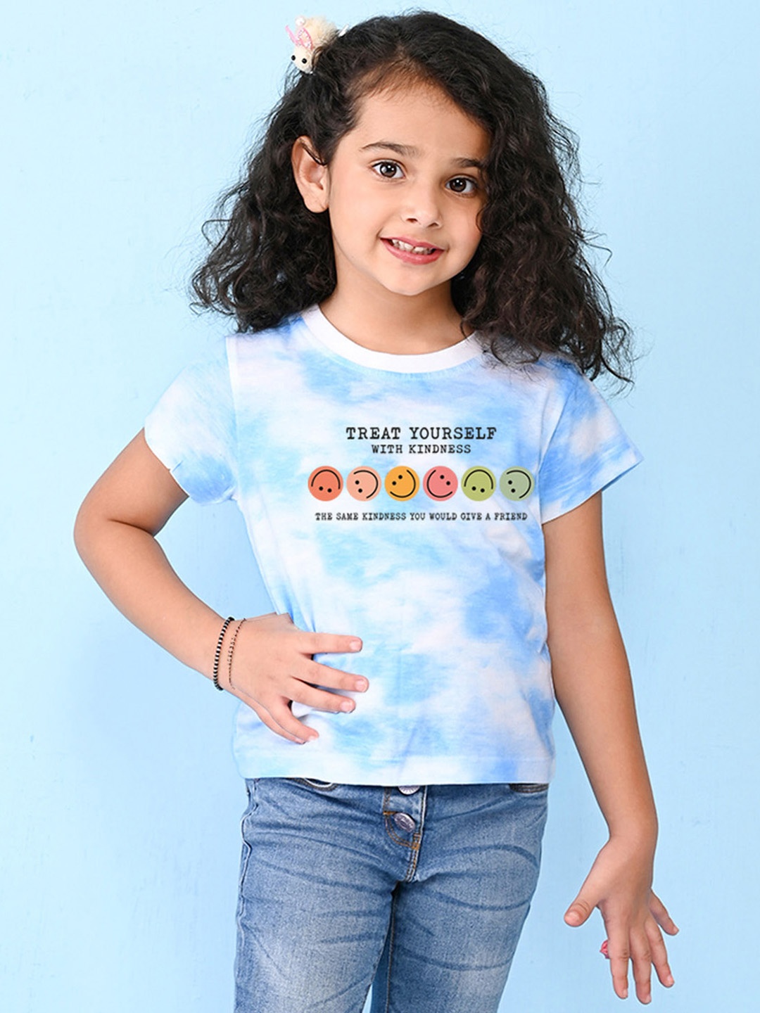 NUSYL Girls Typography Printed Cotton T-shirt, Blue