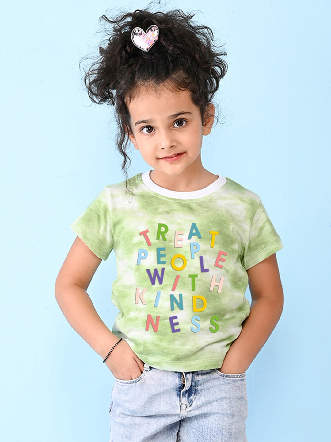 

NUSYL Girls Typography Dyed Raw Edge T-shirt, Green