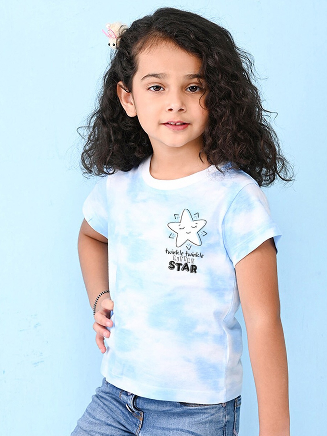 

NUSYL Girls Blue Typography Printed Raw Edge T-shirt