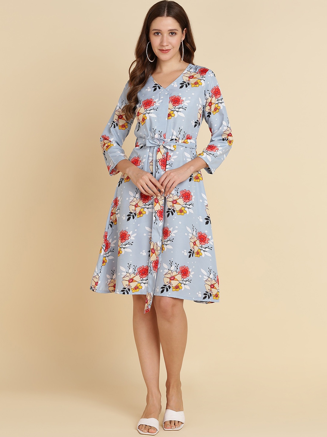 

Sangria Floral Printed A-Line Dress, Blue